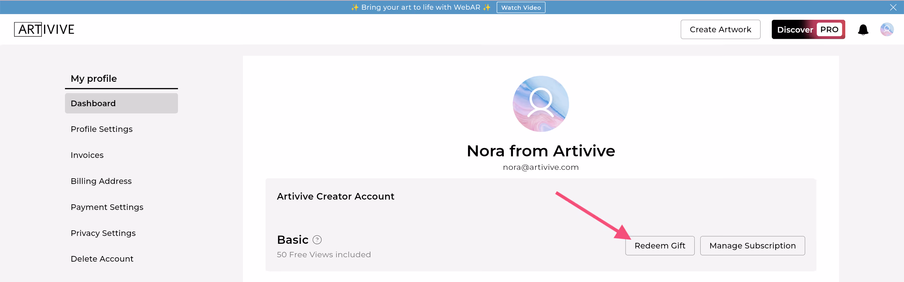 Click on the redeem gift button