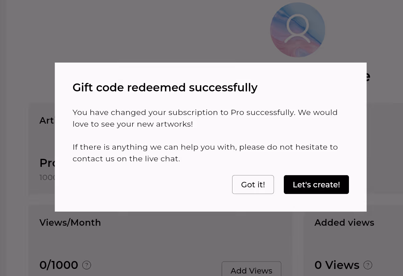 Subscription successfully redeemed, ready to start creating